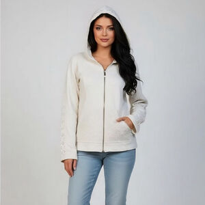 Chico's Small 0 Off White Hoodie Sweatshirt Lace Inserts Hood